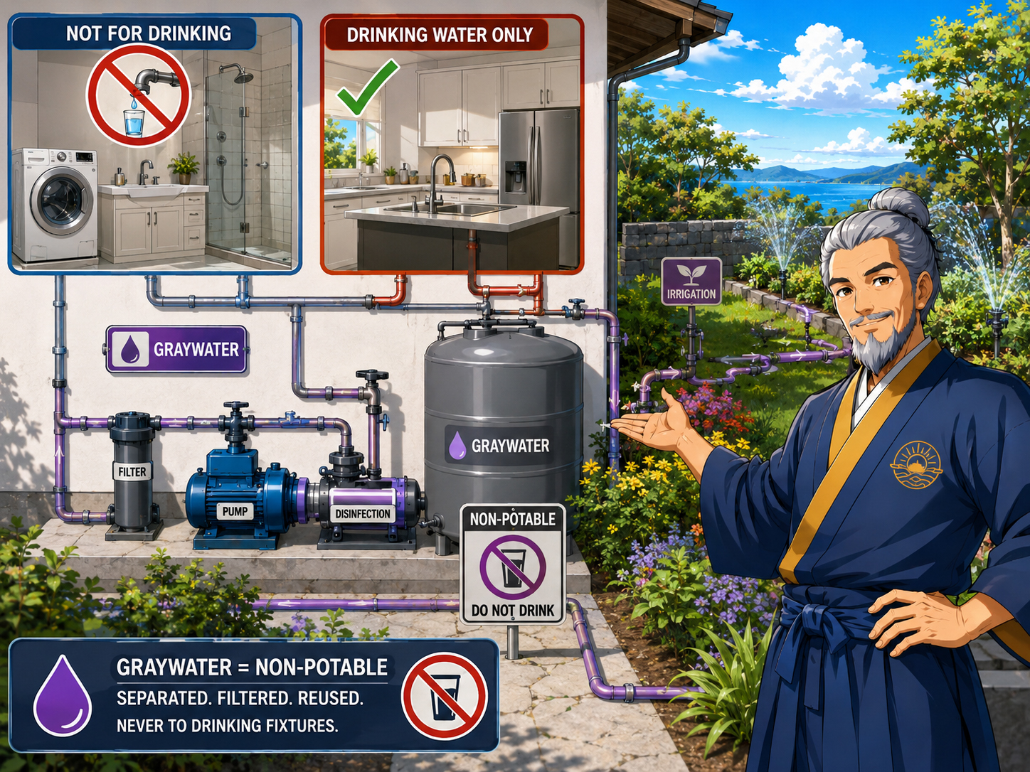Manga graywater pipe with large warning labels