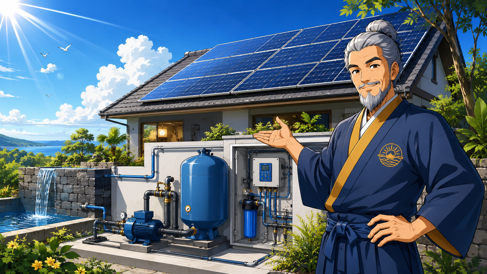 Solar panels powering water pumps and pressure tanks in a practical utility room setting