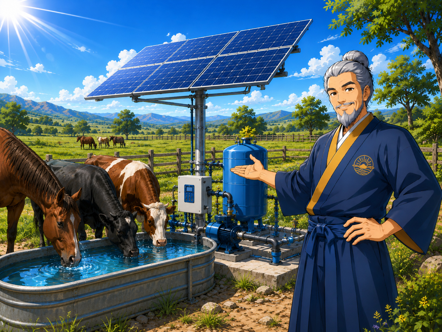 Livestock water trough with solar pumping equipment