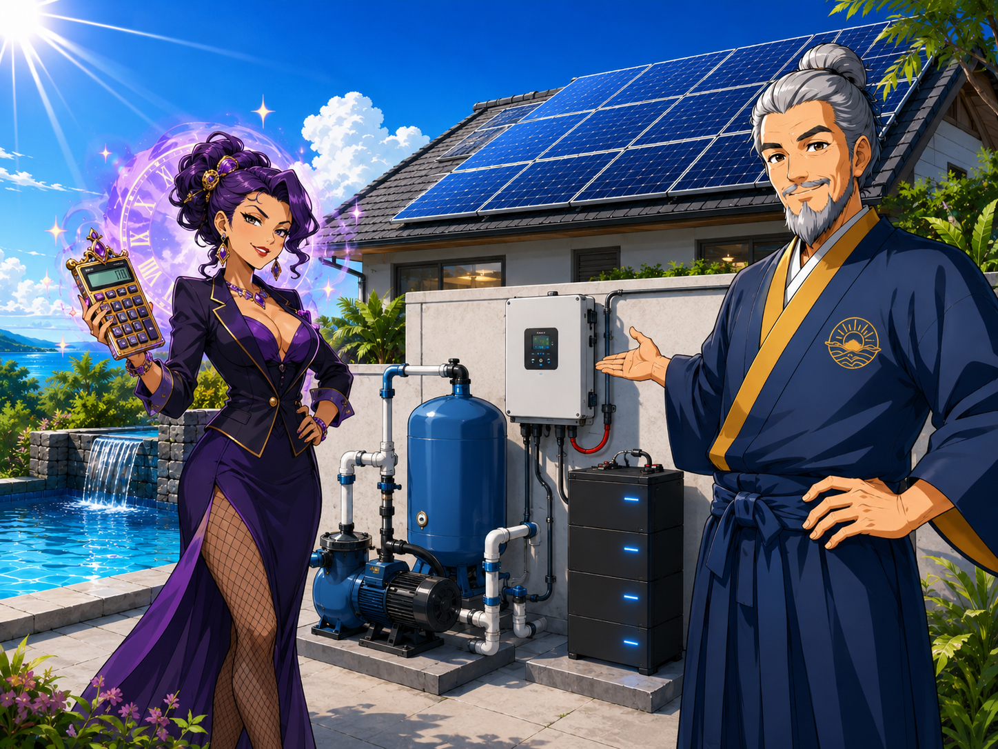 Madame Peak Rate confronting a pool pump beside solar panels