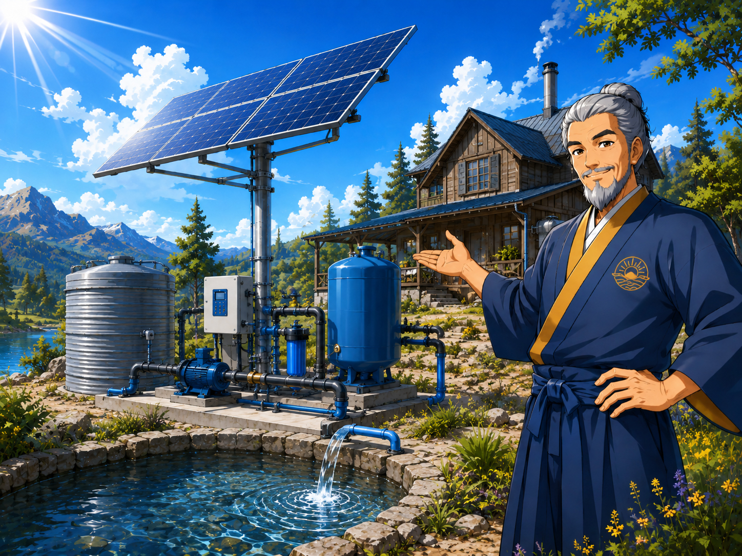Off-grid solar water pumping system with panels, tank, and remote utility shed
