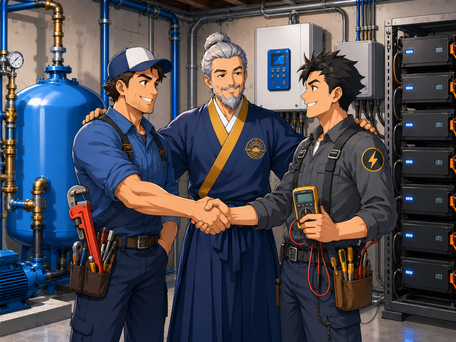 Manga plumber and electrician shaking hands with Solar Sensei between them