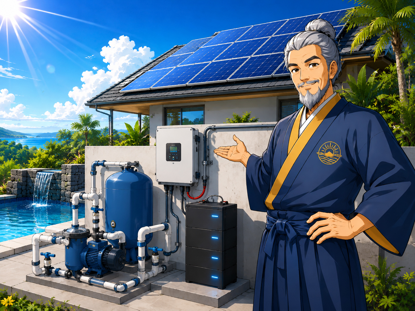 Pool equipment pad with solar battery backup concept