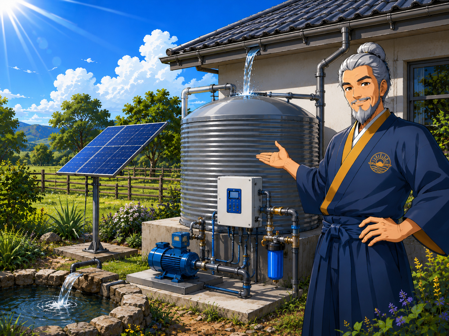 Rainwater storage tank with solar-powered transfer pump concept