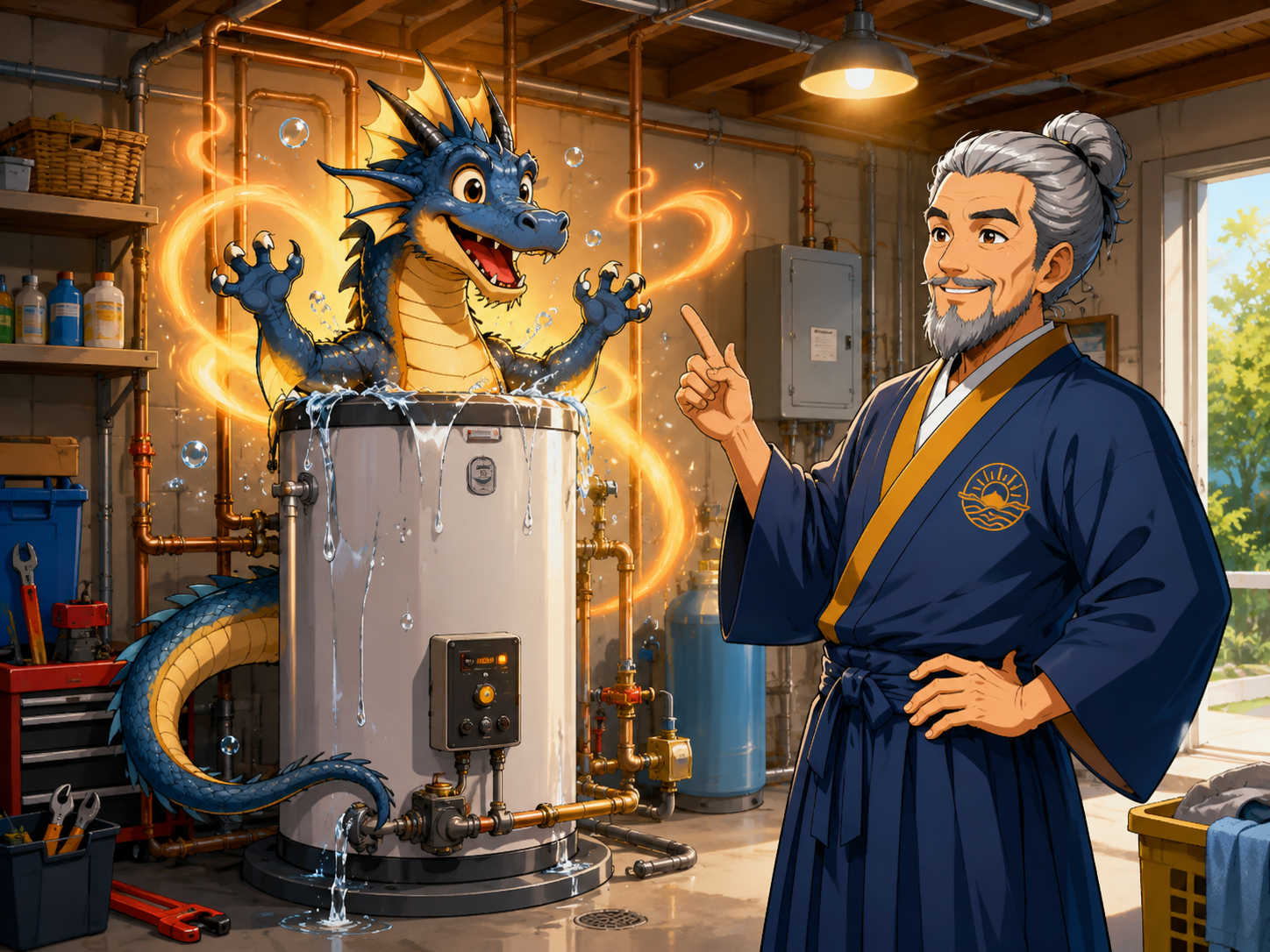 Manga water heater dragon facing Solar Sensei in a utility room