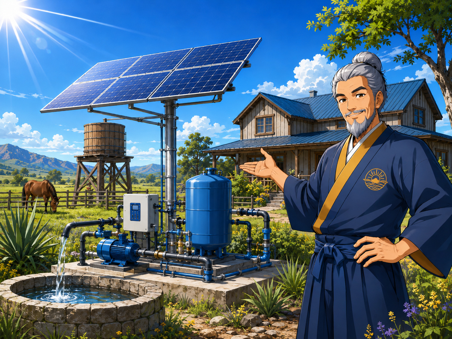 Solar panels near rural well pump and water storage tank
